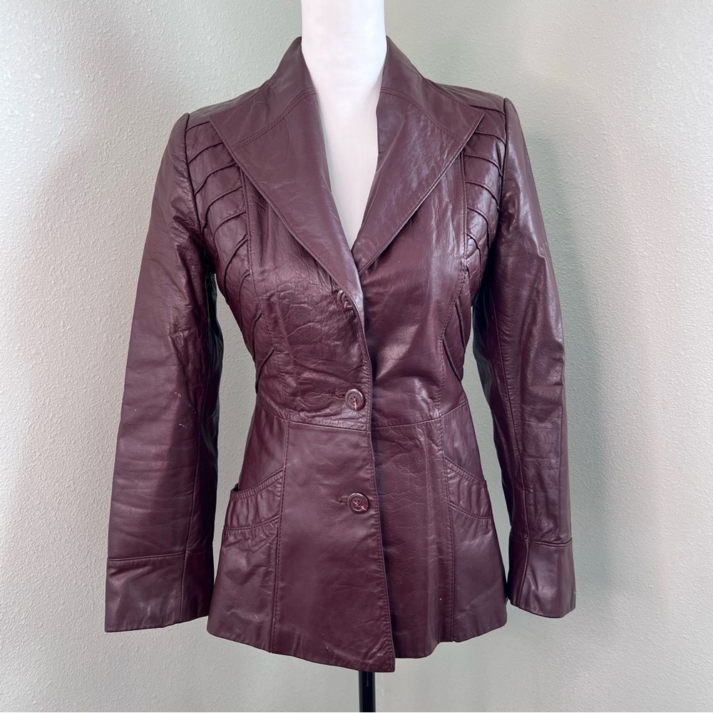 Vintage Opera Size 5/6 Oxblood Burgundy Leather Fitted Blazer Jacket